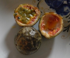 Passion fruit! These are very common around here, and man are they good. We have this for breakfast or afternoon tea.